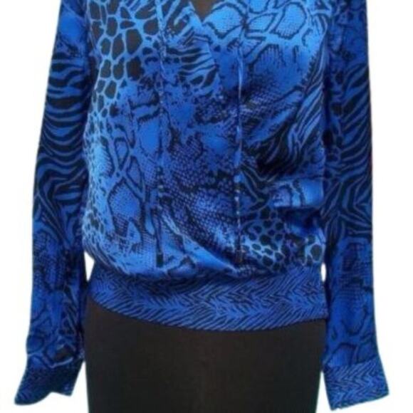 Cache Silk pLeather Shoulders Top New Faux Wrap Shirred Waist Animal NWT $138 - Picture 3 of 7